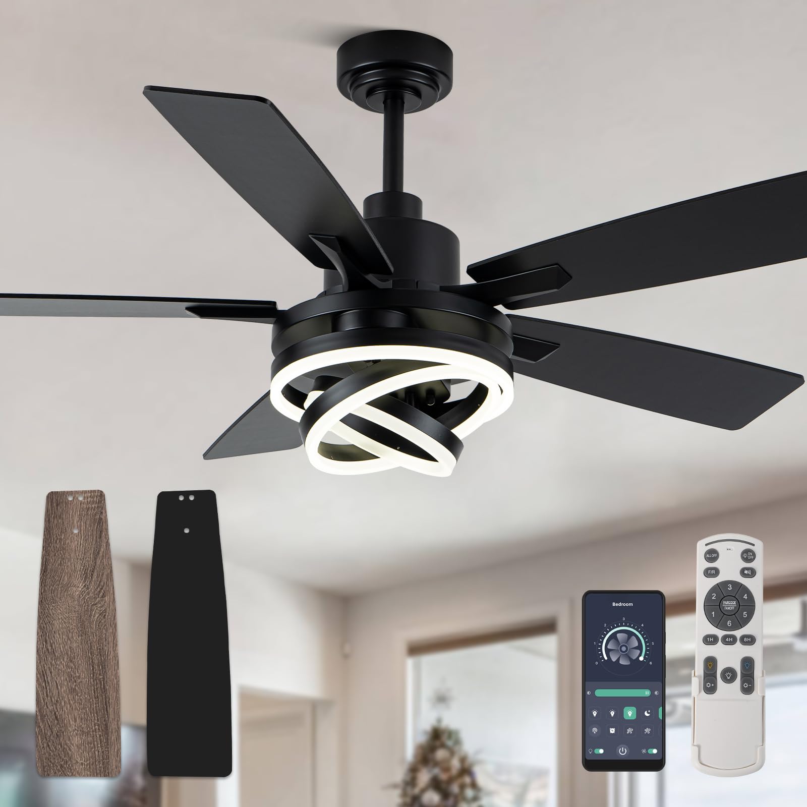 Curve Curio 52-inch black chandelier fan in a modern living room with ambient lighting
