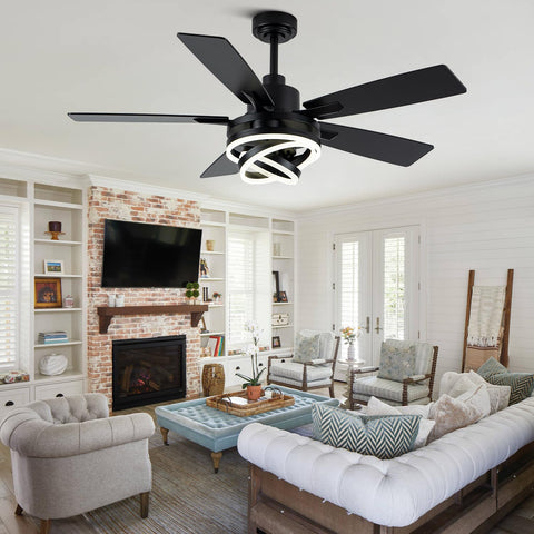 Curve Curio modern living room setup featuring the chandelier fan