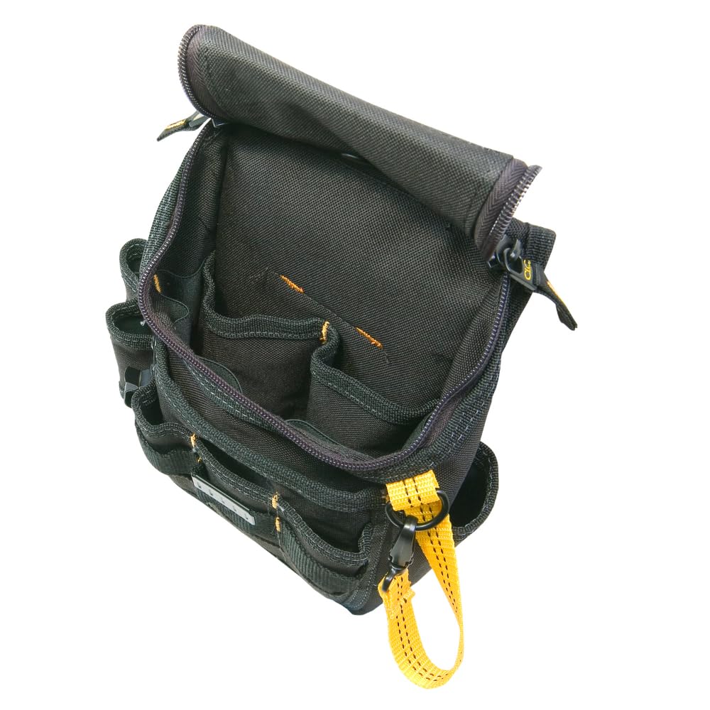 Custom Leathercraft 1524 Ziptop Pouch measuring tape clip kept handy.