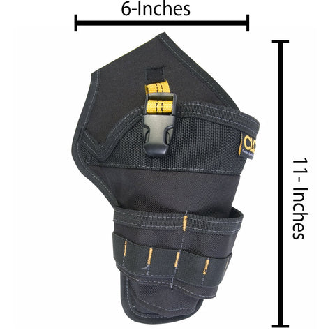 CLC 5023 deluxe drill holster shows pockets for bit organization on the job.