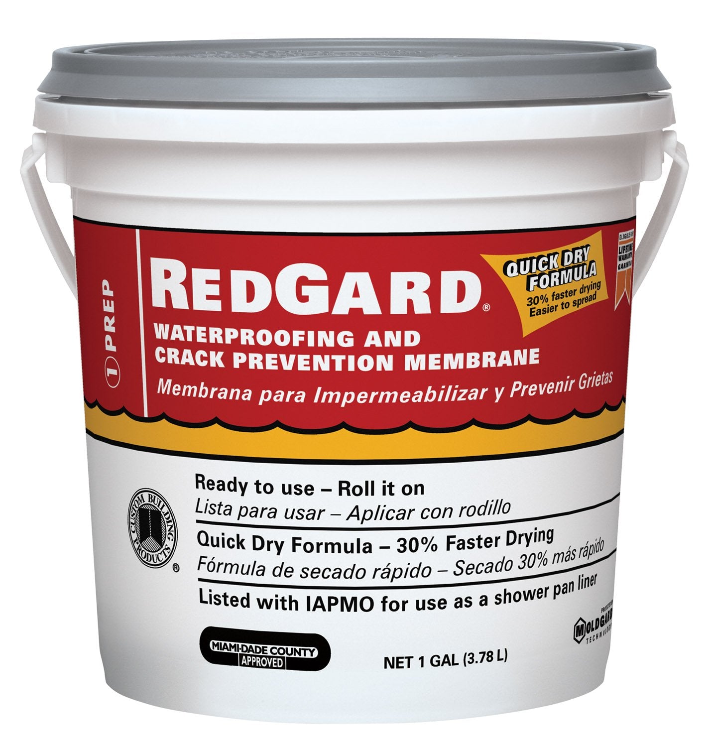 CUSTOM RedGard pink waterproofing bottle for crack prevention on surfaces.