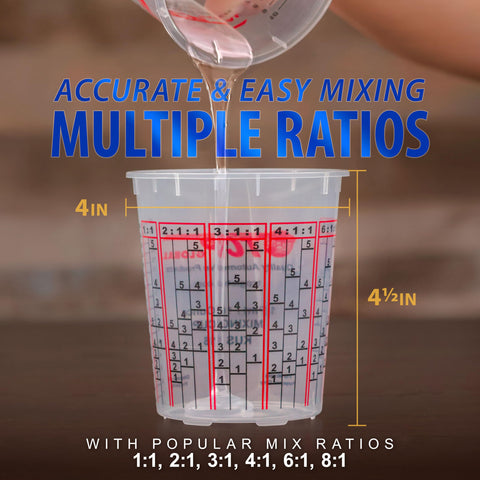 Custom Shop ratio scales on cups from 1:1 to 8:1 for precise mixing