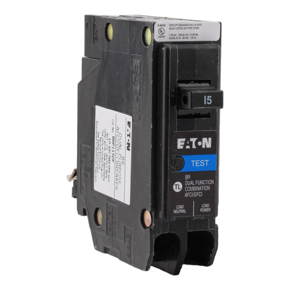 CUTLER HAMMER BRP115DF 15A front view shows AFCI/GFCI protection for 120V circuits
