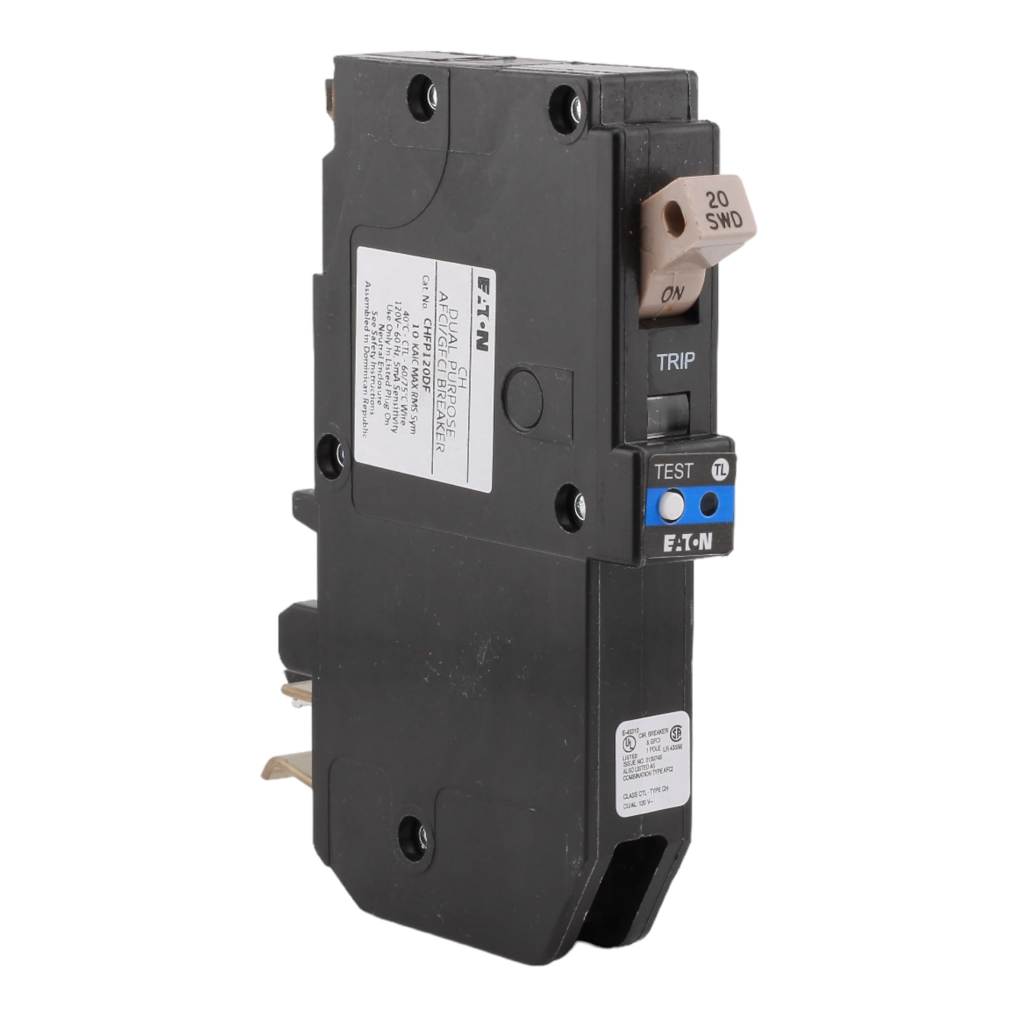 Cutler-Hammer CHFP120DF front view highlighting compact 20A AFCI/GFCI breaker for safer circuits