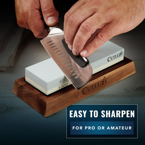 Cutluxe Whetstone angle guide helps beginners maintain consistent blade angles.