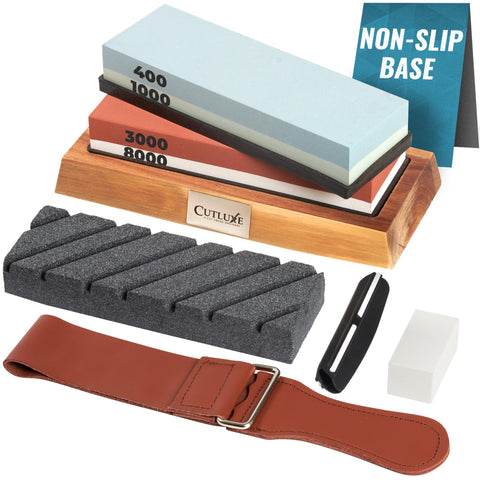Cutluxe Whetstone base on acacia wood provides stable sharpening on any counter.