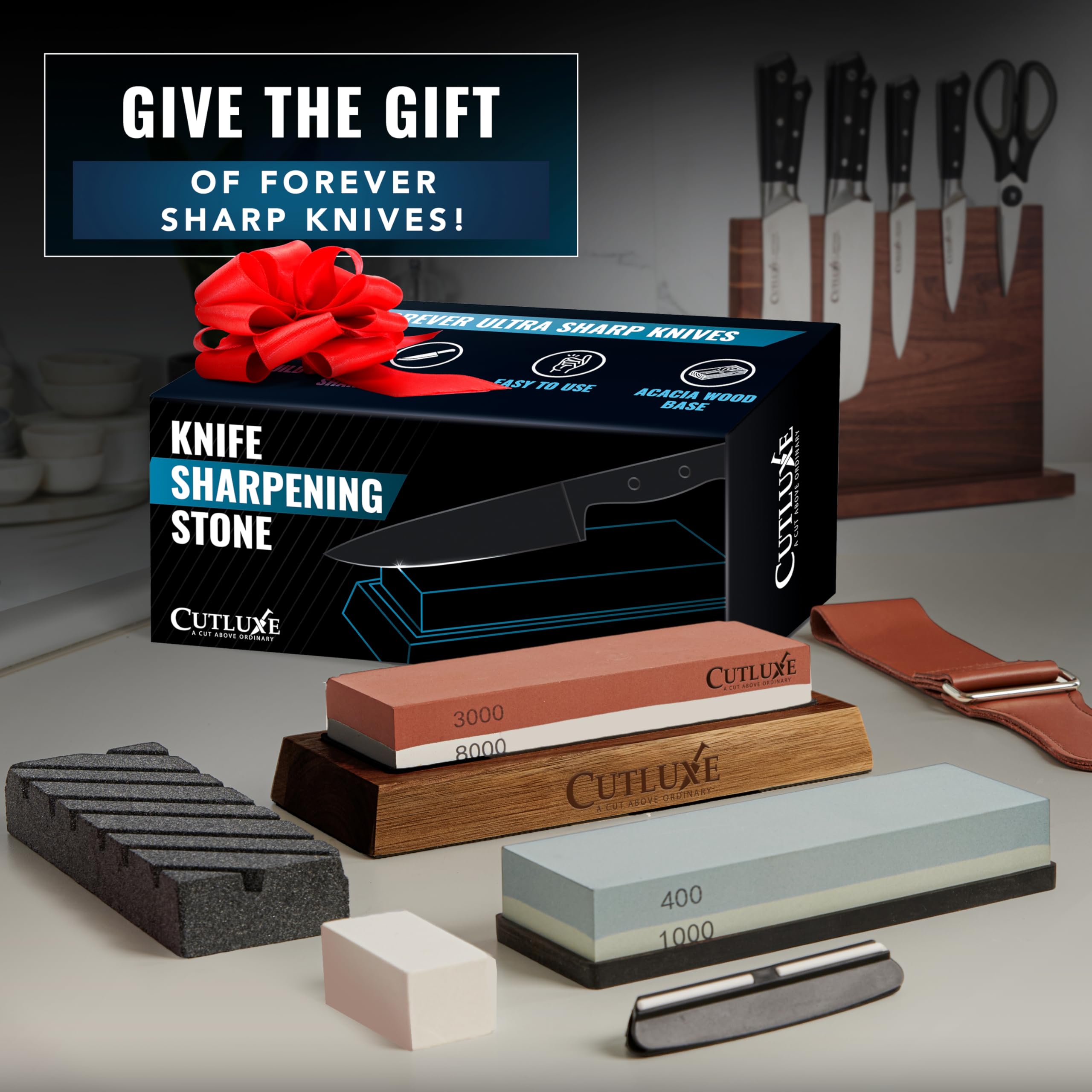 Cutluxe flattening stone keeps whetstone surface flat for even sharpening.