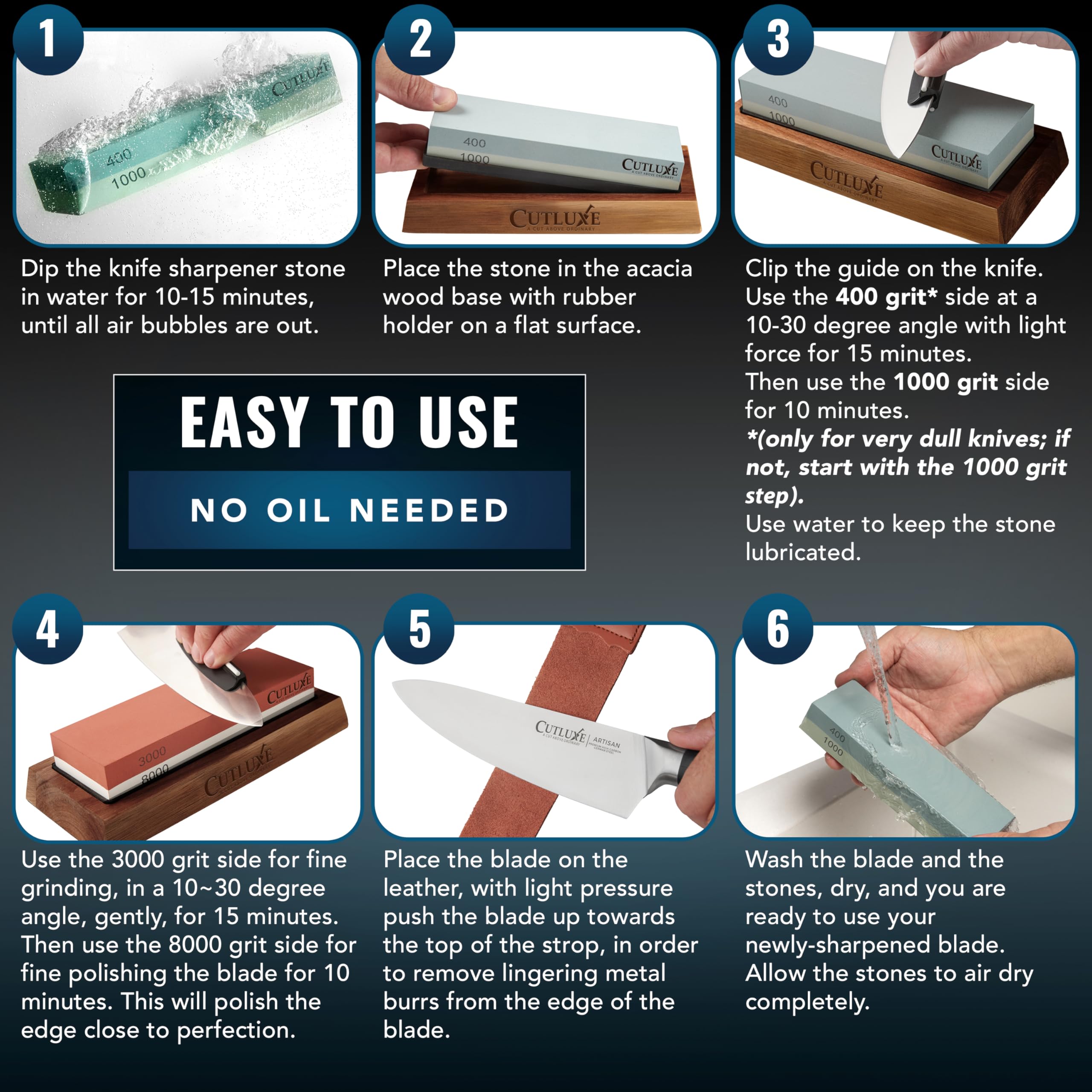 Cutluxe Whetstone 3000/8000 grit stones refine edges for precise cuts.