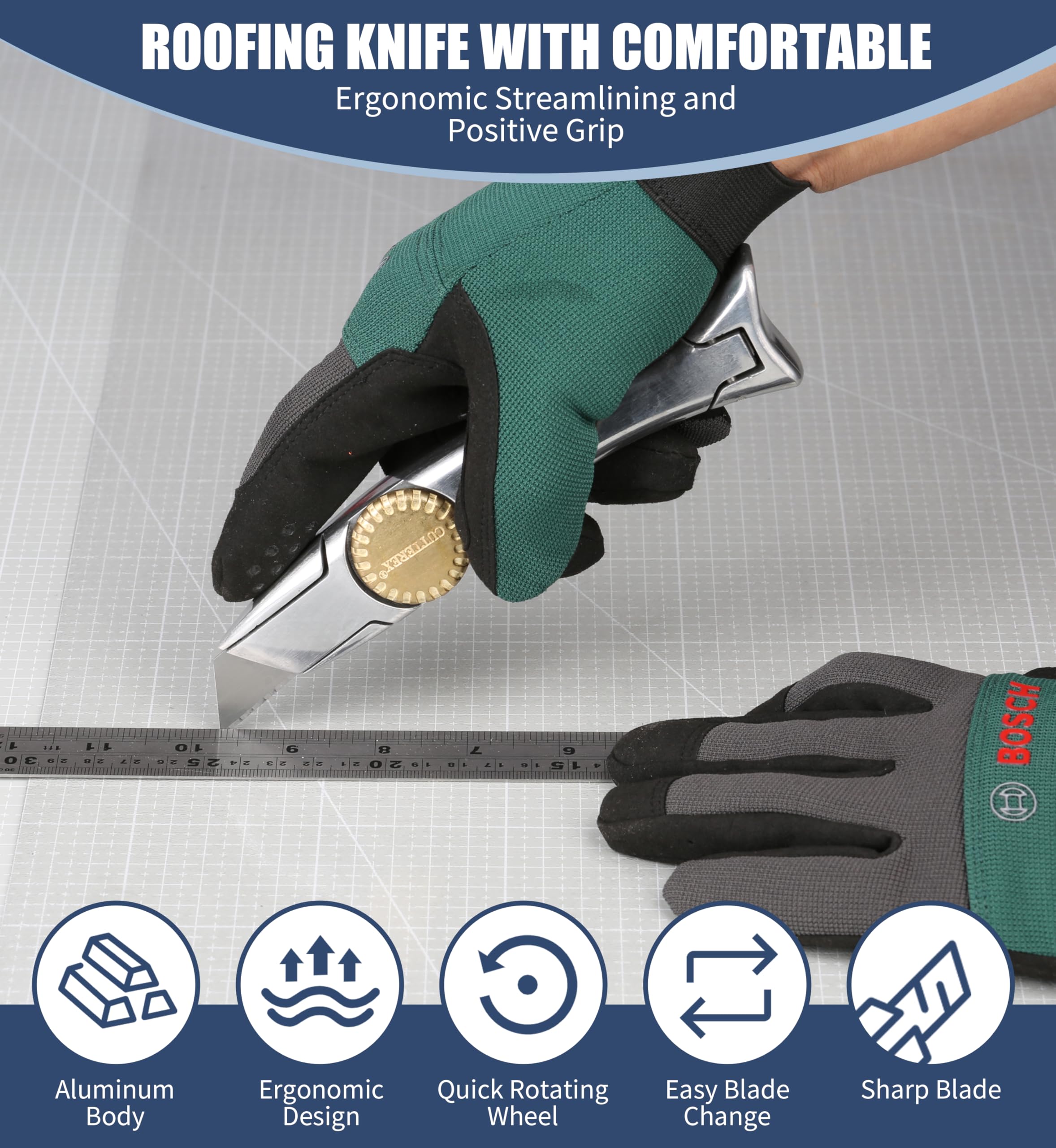 Cutterex Roofing Knife with large thumb wheel enables one-hand opening on ladders.
