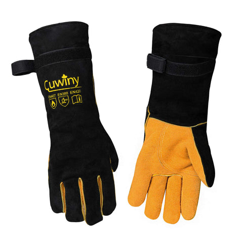 Cuwiny welding gloves front view with durable leather for high-heat tasks.