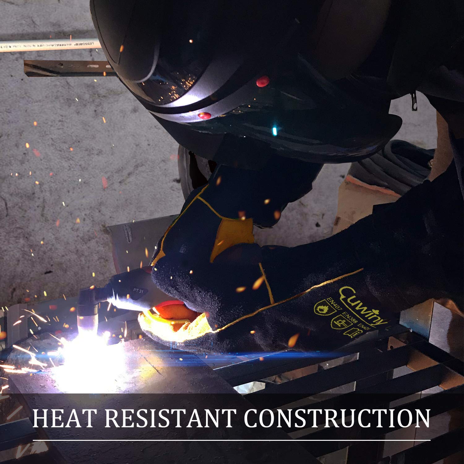 Cuwiny welding gloves reinforced palm and fingers for puncture resistance.