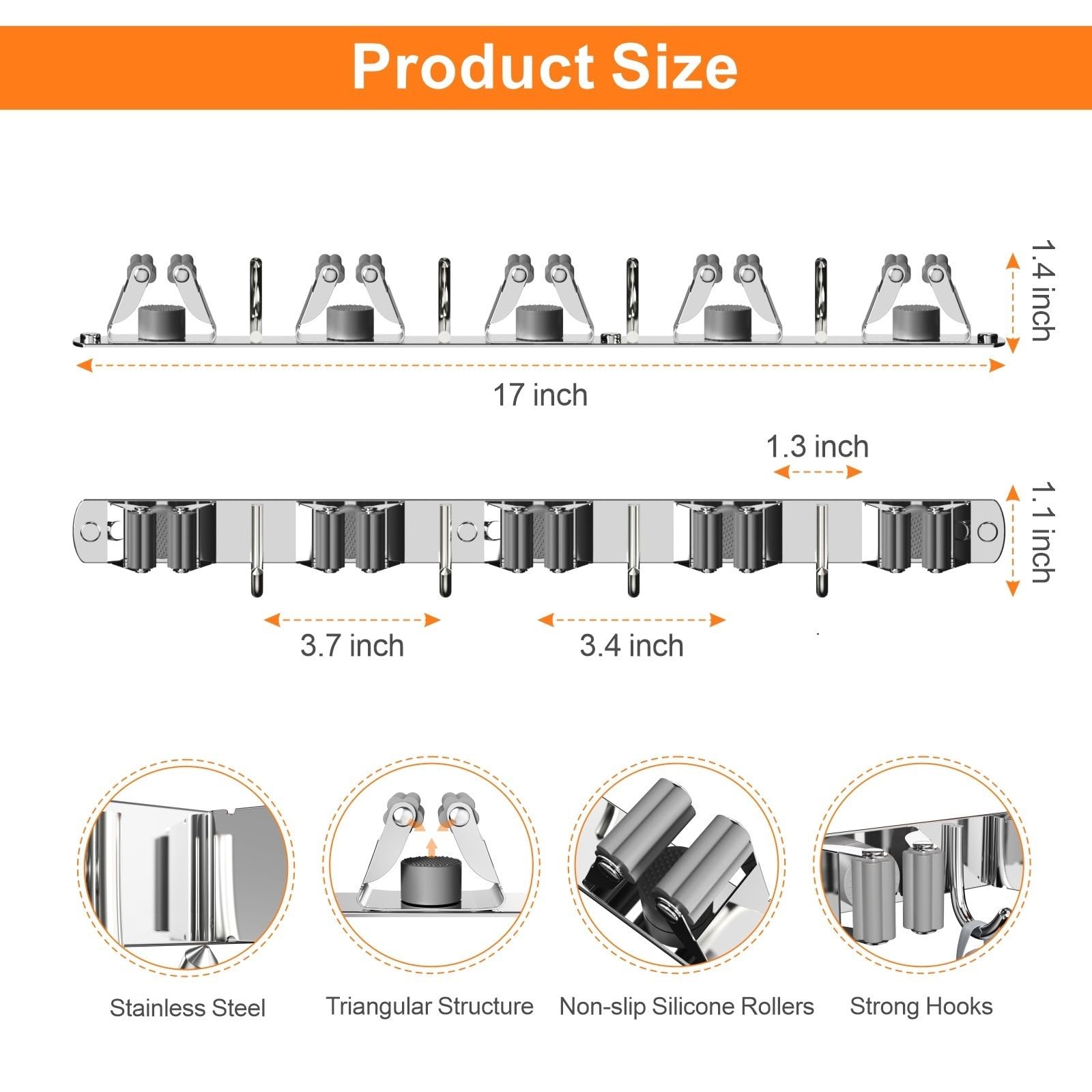 CUXIXA broom holder with anti-slip silicone protects surfaces while storing tools.