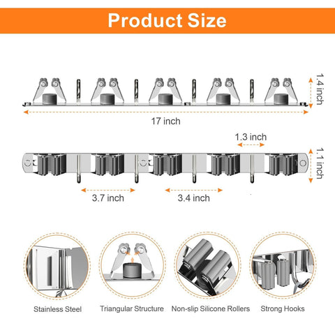 CUXIXA broom holder with anti-slip silicone protects surfaces while storing tools.