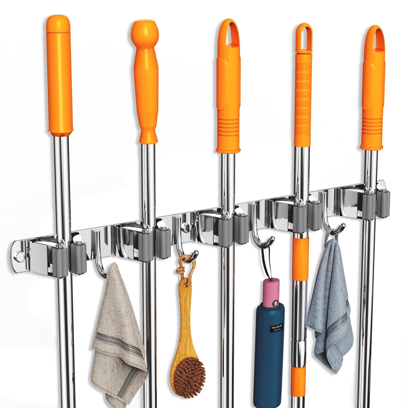 CUXIXA broom organizer wall mount with five racks for easy tool access.