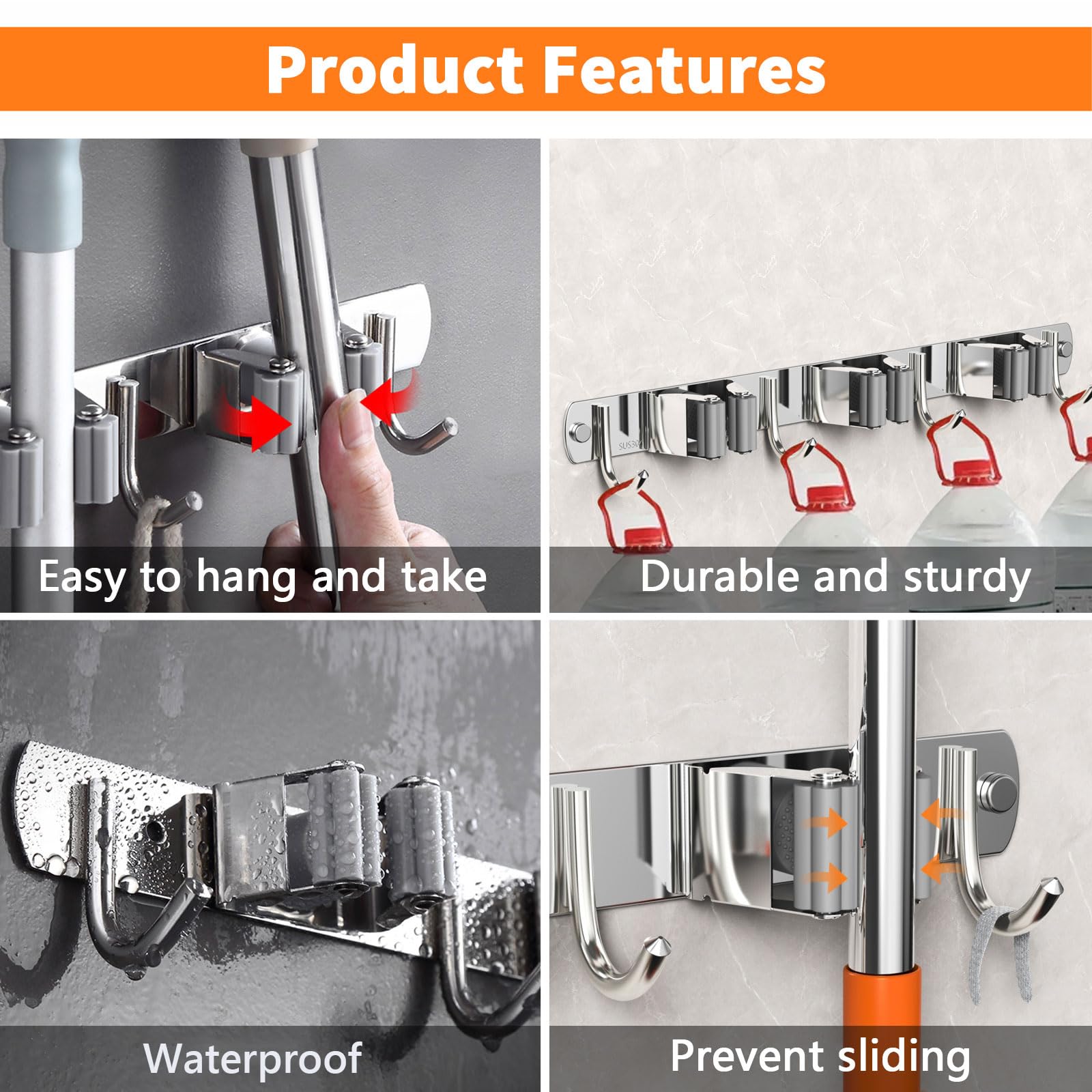 CUXIXA stainless steel broom hanger highlights rustproof durability in storage.