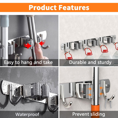 CUXIXA stainless steel broom hanger highlights rustproof durability in storage.