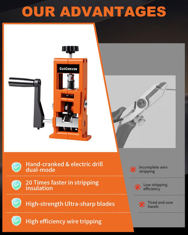 CuzConven portable wire stripper on a workbench ready for DIY and recycling tasks.