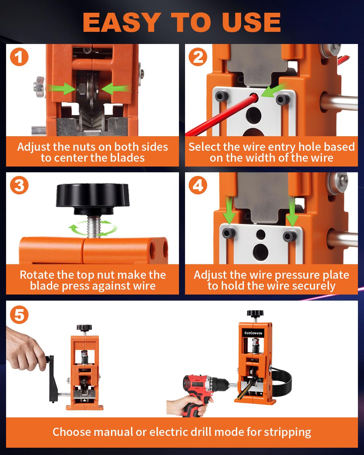 CuzConven stripper handles 0.04 to 1 inch wires offering versatile stripping options.