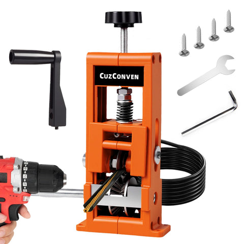 CuzConven wire stripper machine front view showing compact, portable design for on-site use.
