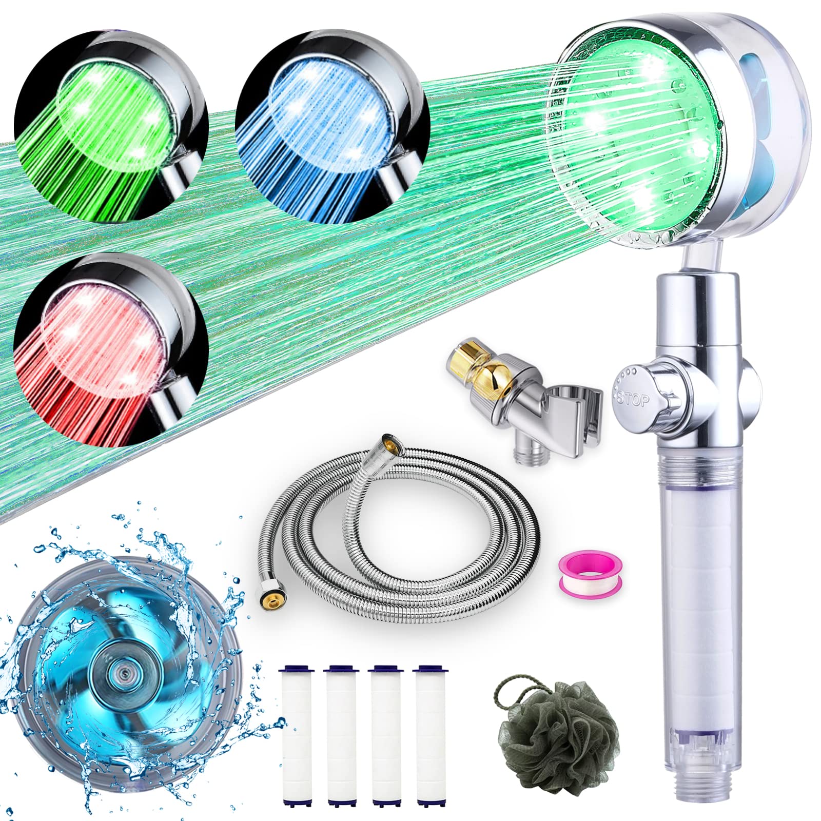 CWPW ANTOWER LED shower head with handheld shows temperature indicator during use.