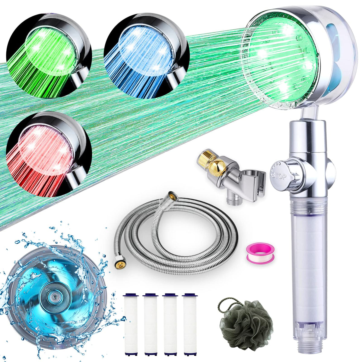 CWPW ANTOWER LED shower head with handheld shows temperature indicator during use.