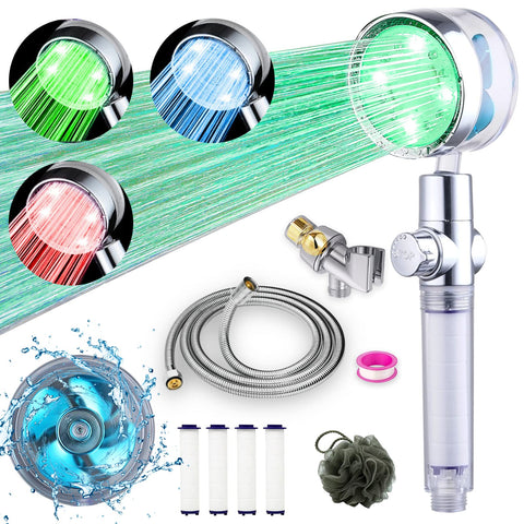CWPW ANTOWER LED shower head with handheld shows temperature indicator during use.
