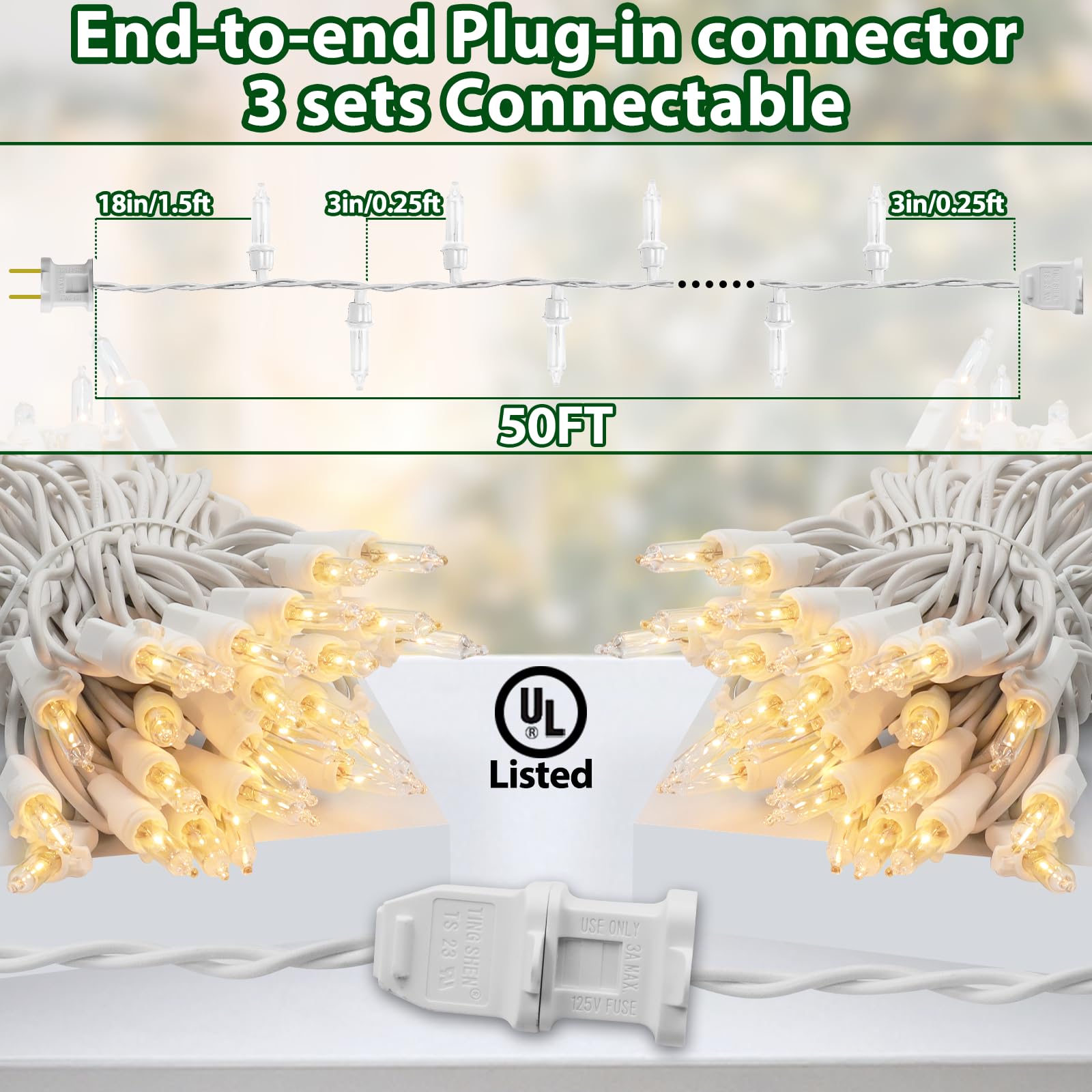 CXLHO warm white string lights, 50ft, end-to-end connectable for larger displays