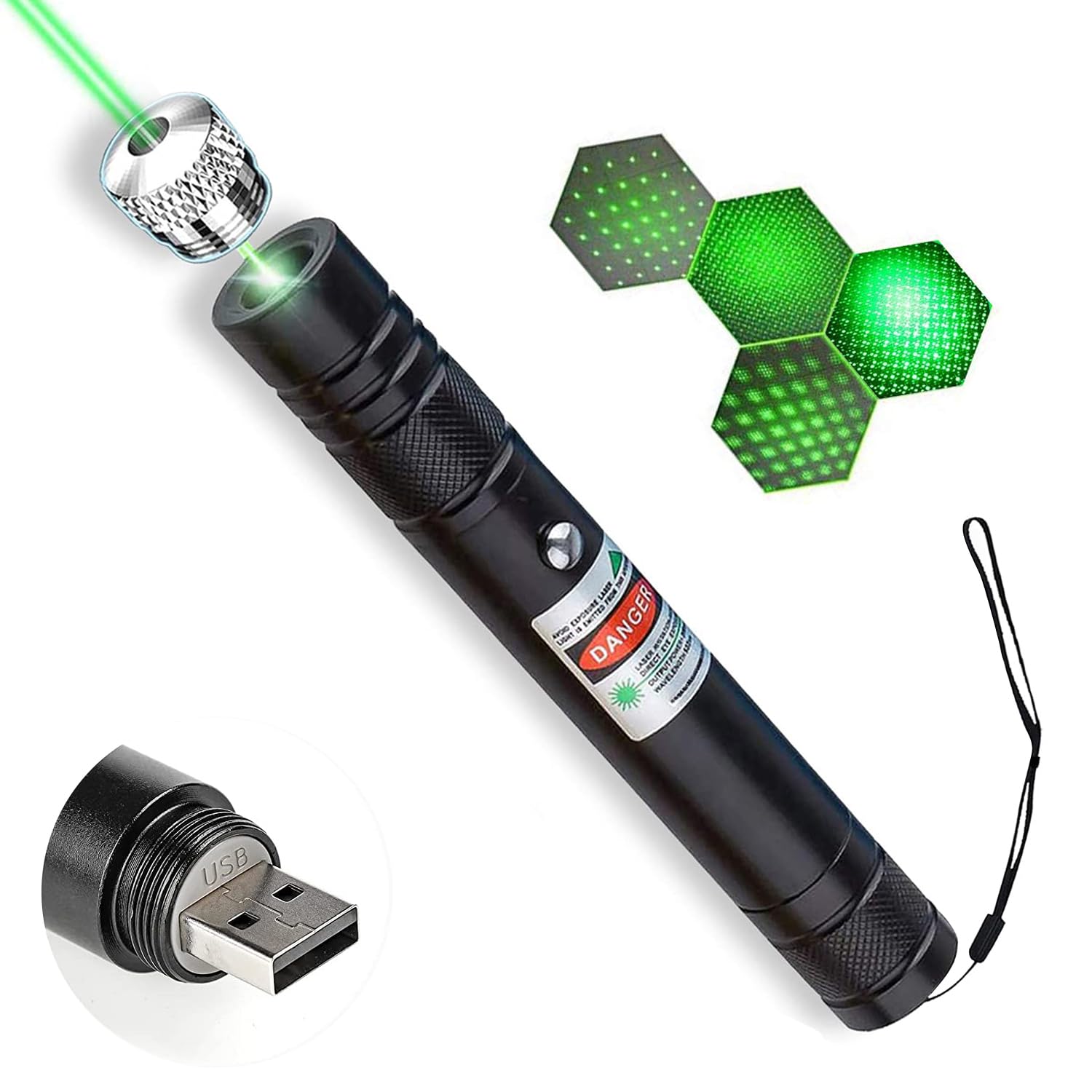 Cyahvtl laser pointer with green beam for long-range visibility.