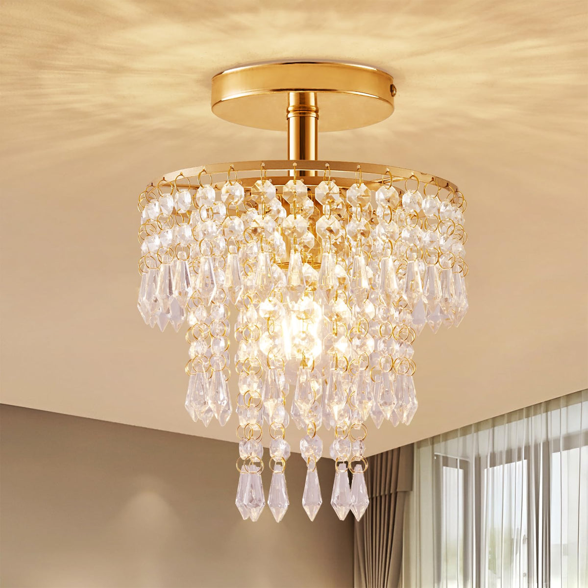 Cyaruy modern mini crystal chandelier with raindrop pendants for elegant bedroom lighting.