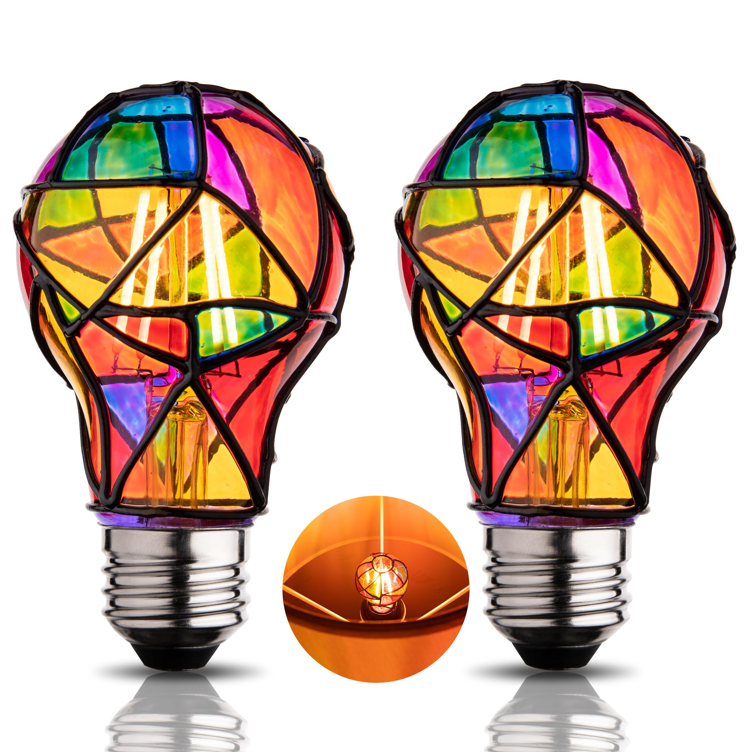 CybaaLuxzus stained glass bulb with rainbow paint lights a tabletop scene
