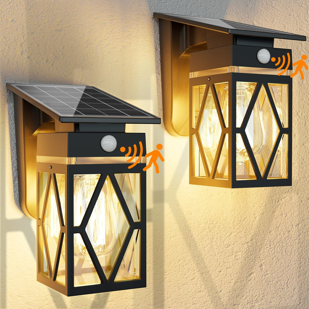 Cybrasc 2-pack front porch solar wall lights provide warm, energy-saving exterior illumination.