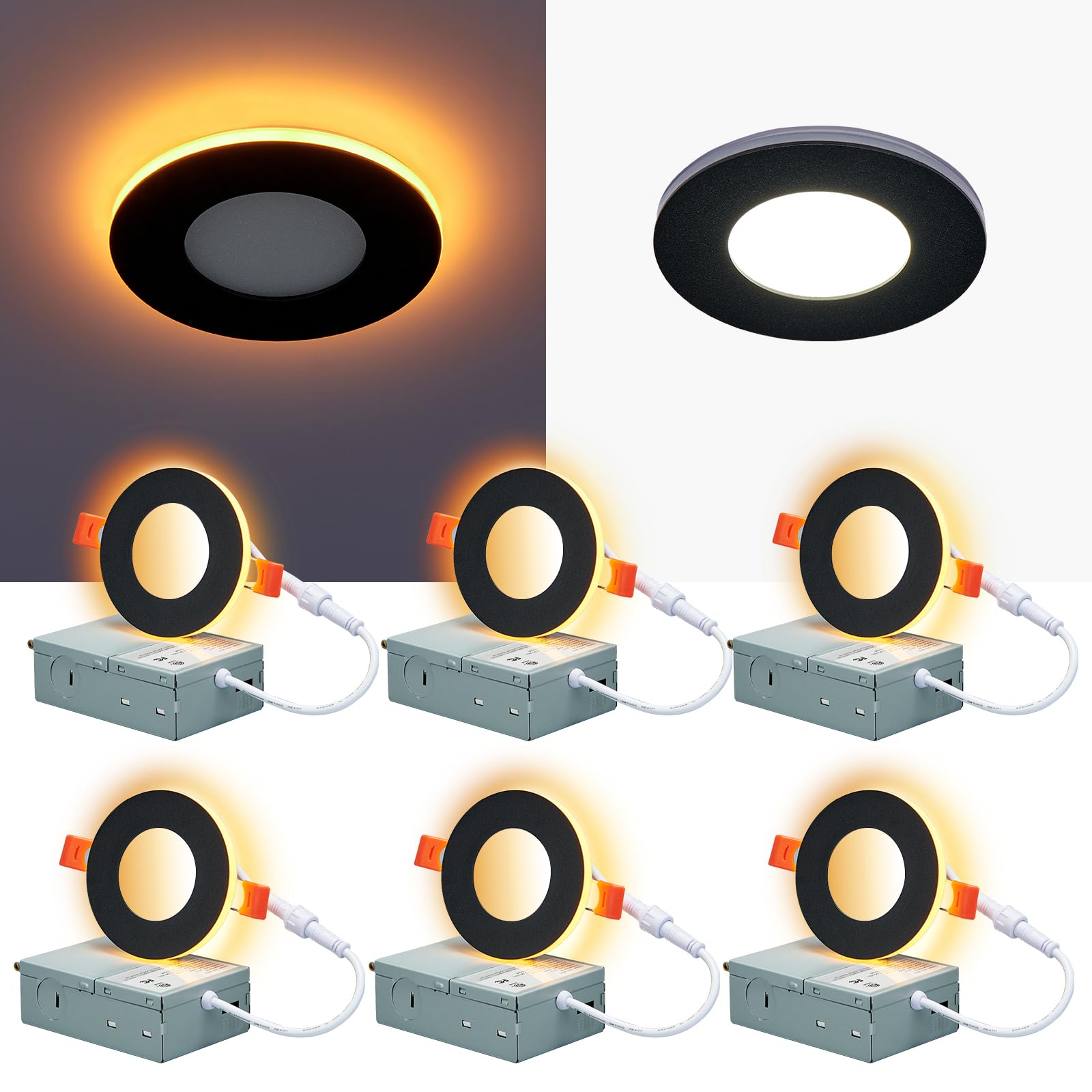 CycevSun 3-inch black LED downlight with night light for soft ambient glow