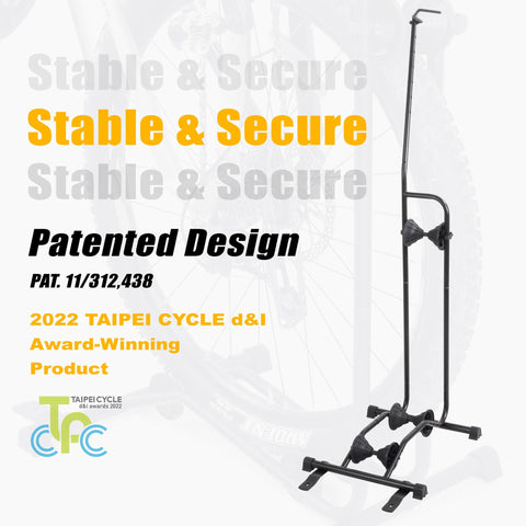 CyclingDeal Upright Bike Stand horizontal storage mode for compact parking.