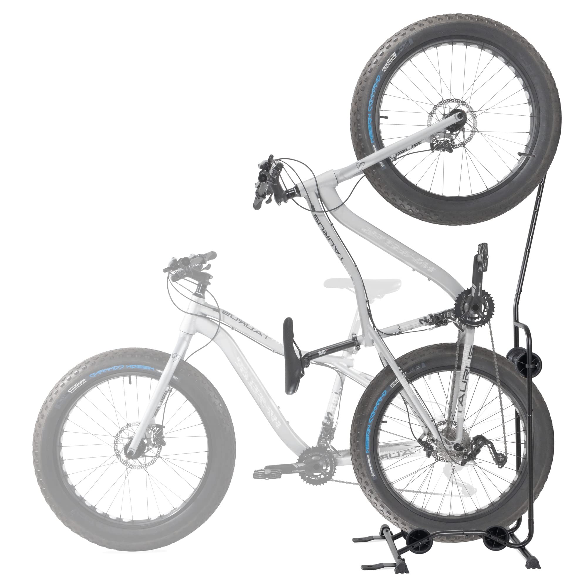 CyclingDeal Upright Bike Stand enables two-way parking to save floor space.