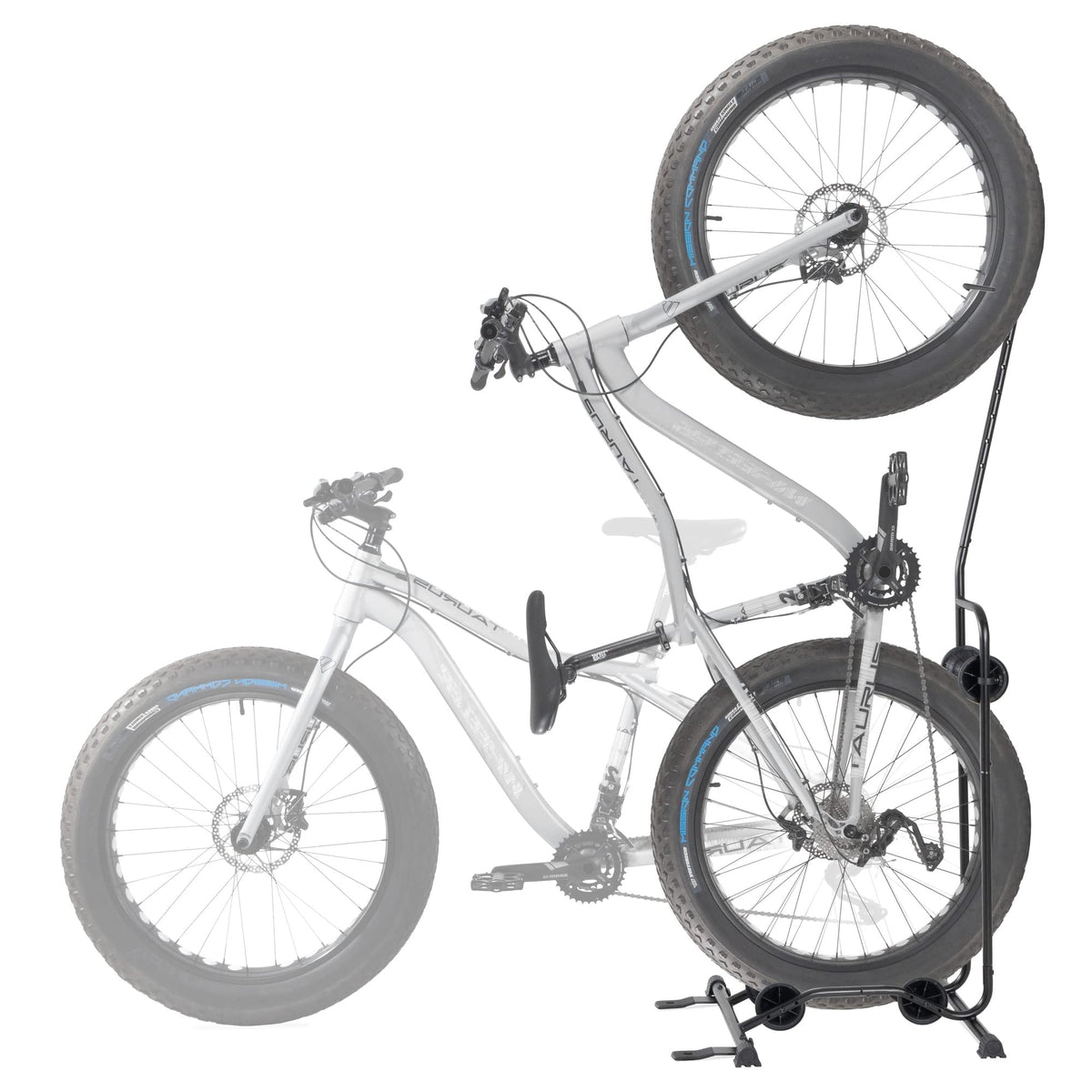 CyclingDeal Upright Bike Stand enables two-way parking to save floor space.