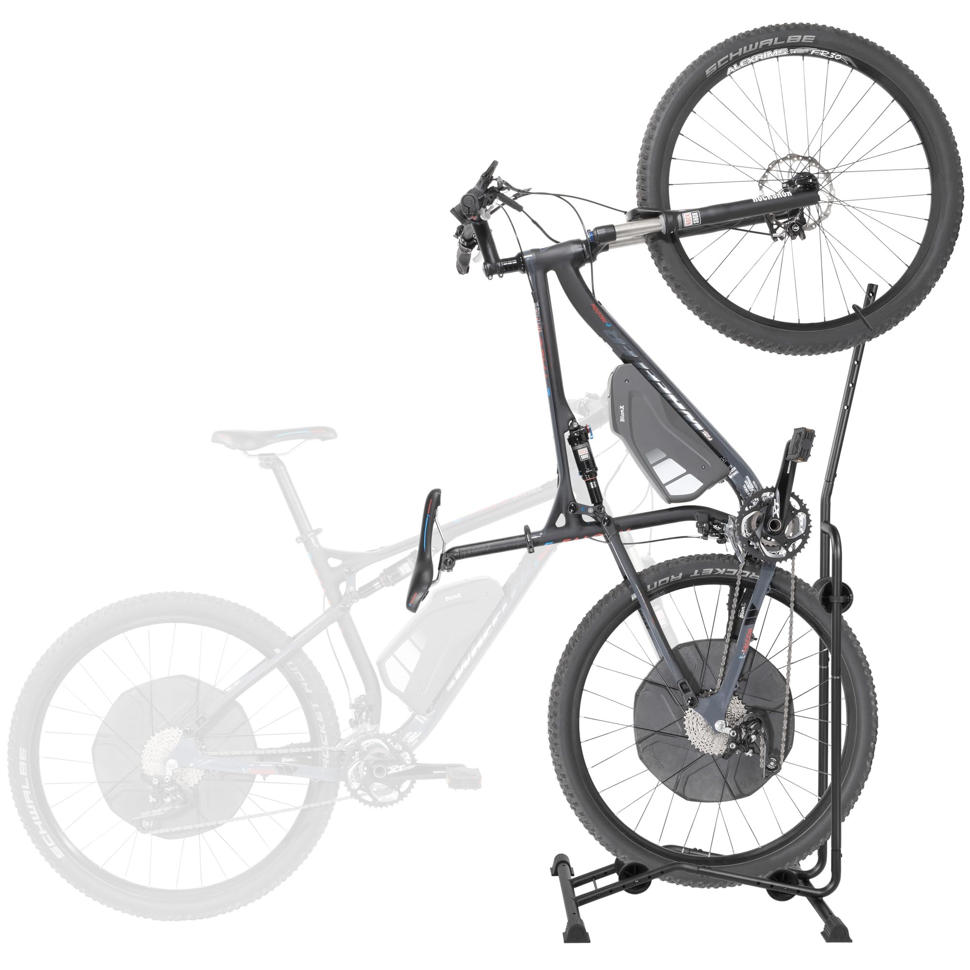CyclingDeal Upright Bike Stand in vertical parking mode for space-saving storage
