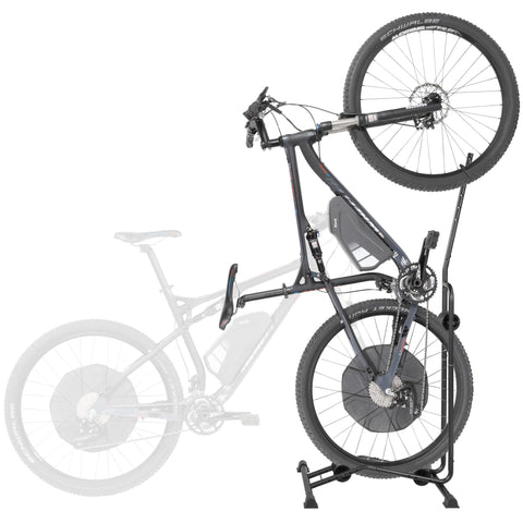 CyclingDeal Upright Bike Stand in vertical parking mode for space-saving storage