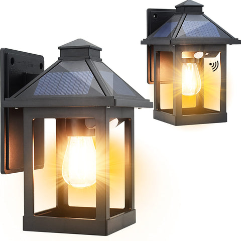 CYHKEE solar wall lanterns mounted on wall illuminate entryways with dusk-to-dawn efficiency.