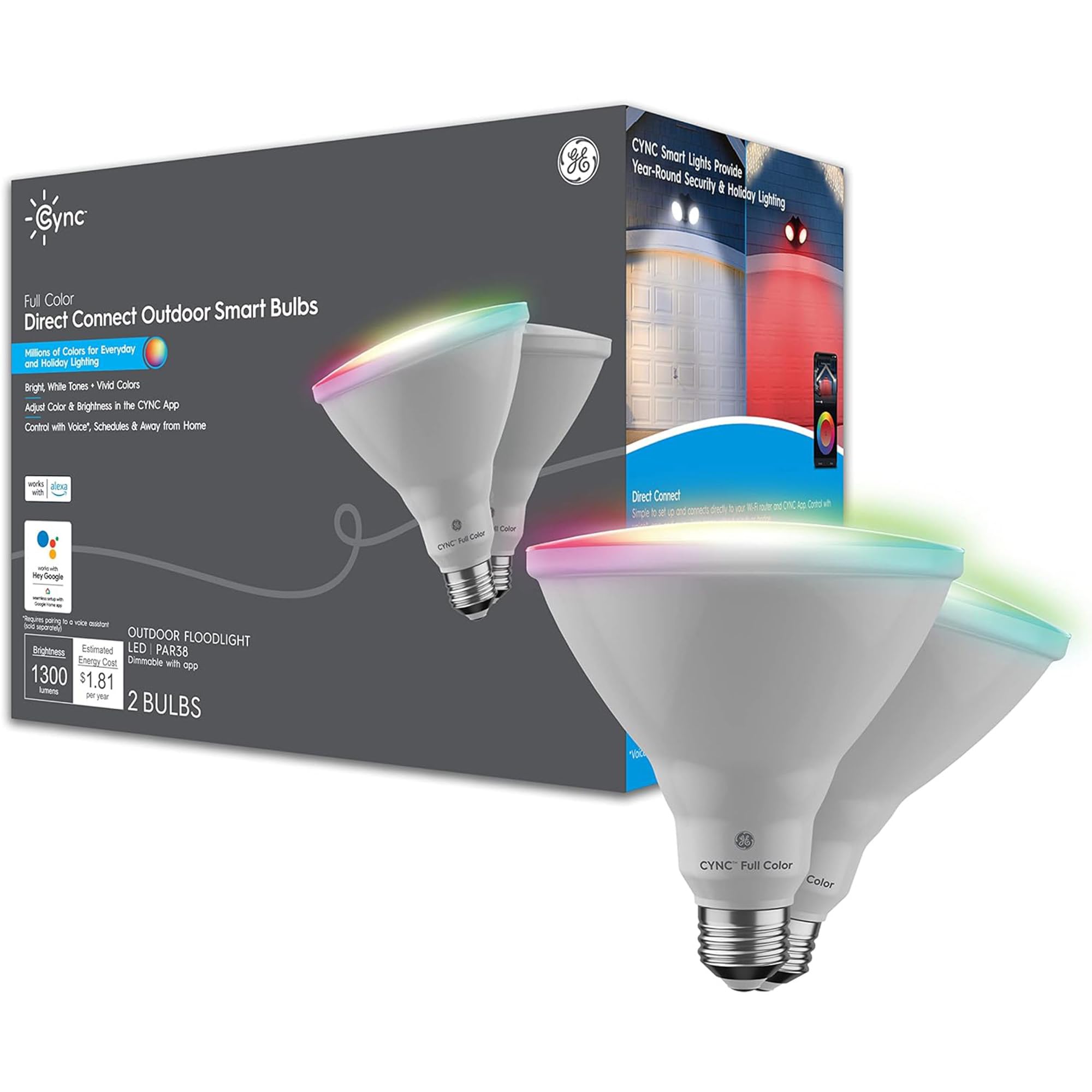 Cync GE PAR38 outdoor bulb lighting the front yard with color options for curb appeal