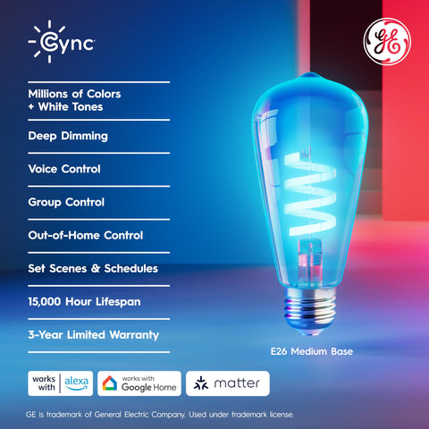Cync GE ST19 Edison-style bulb shown with voice control via Alexa or Google Assistant
