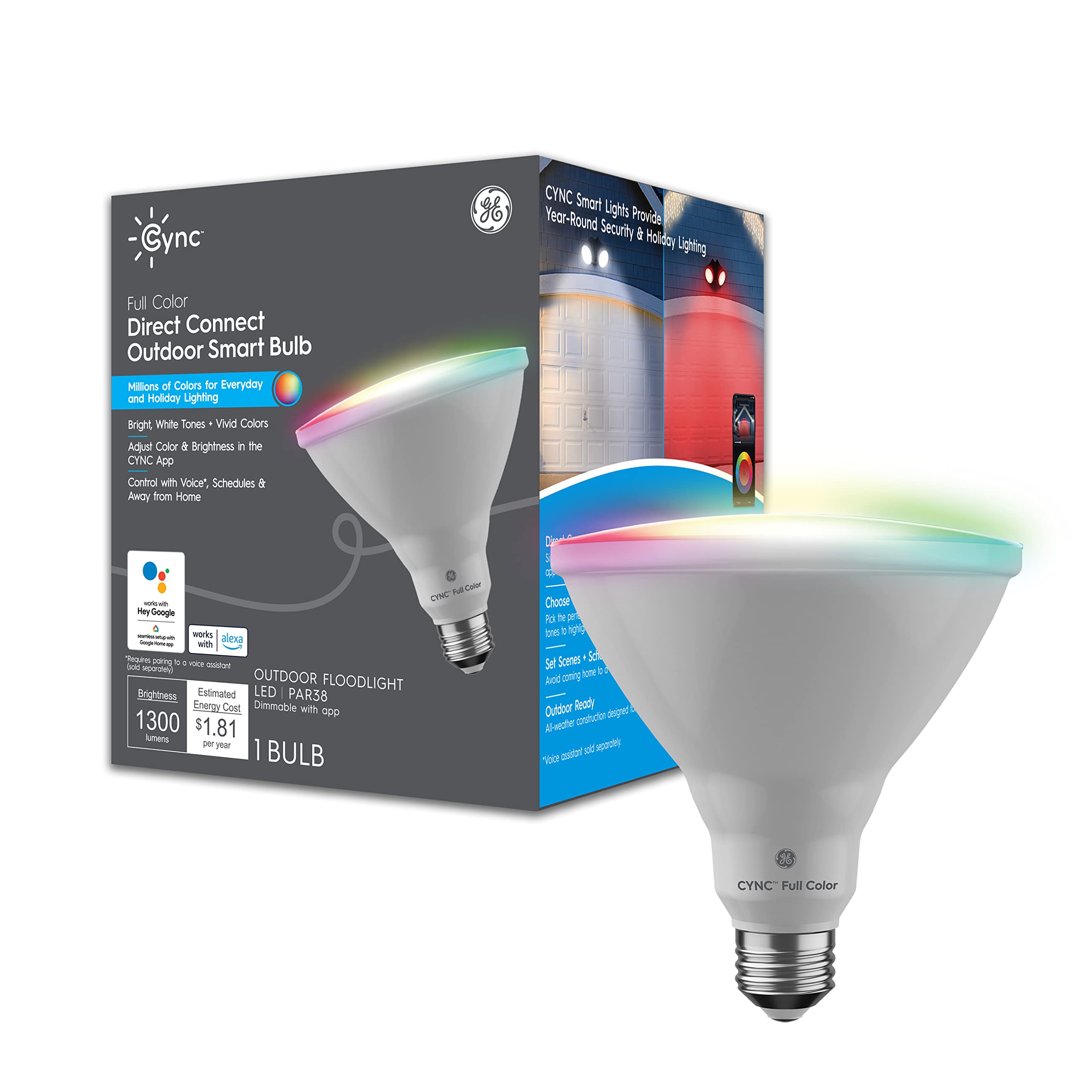 Cync PAR38 outdoor floodlight color-changing bulb for vibrant evenings