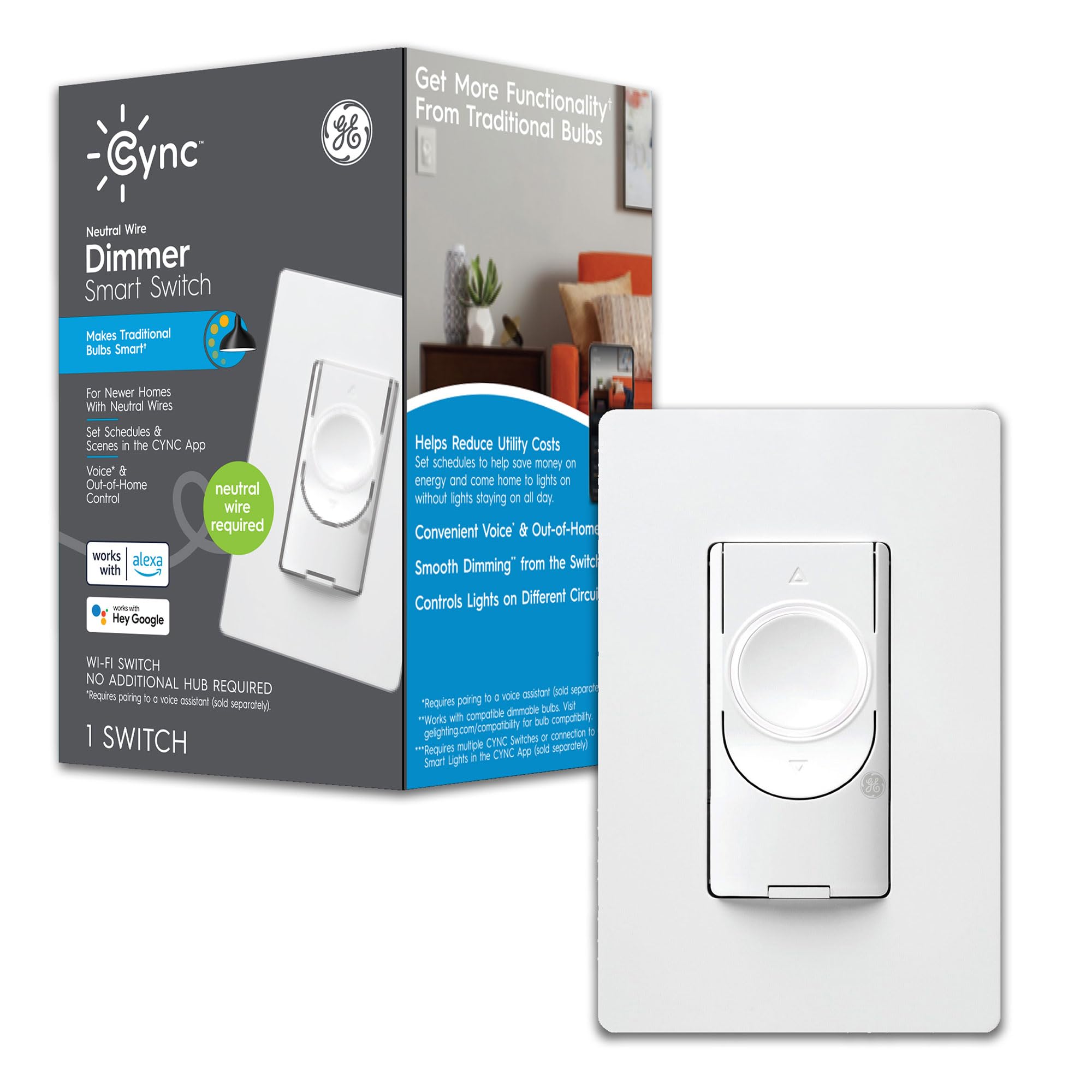 Cync smart switch wall white front view enabling hands-free lighting control.