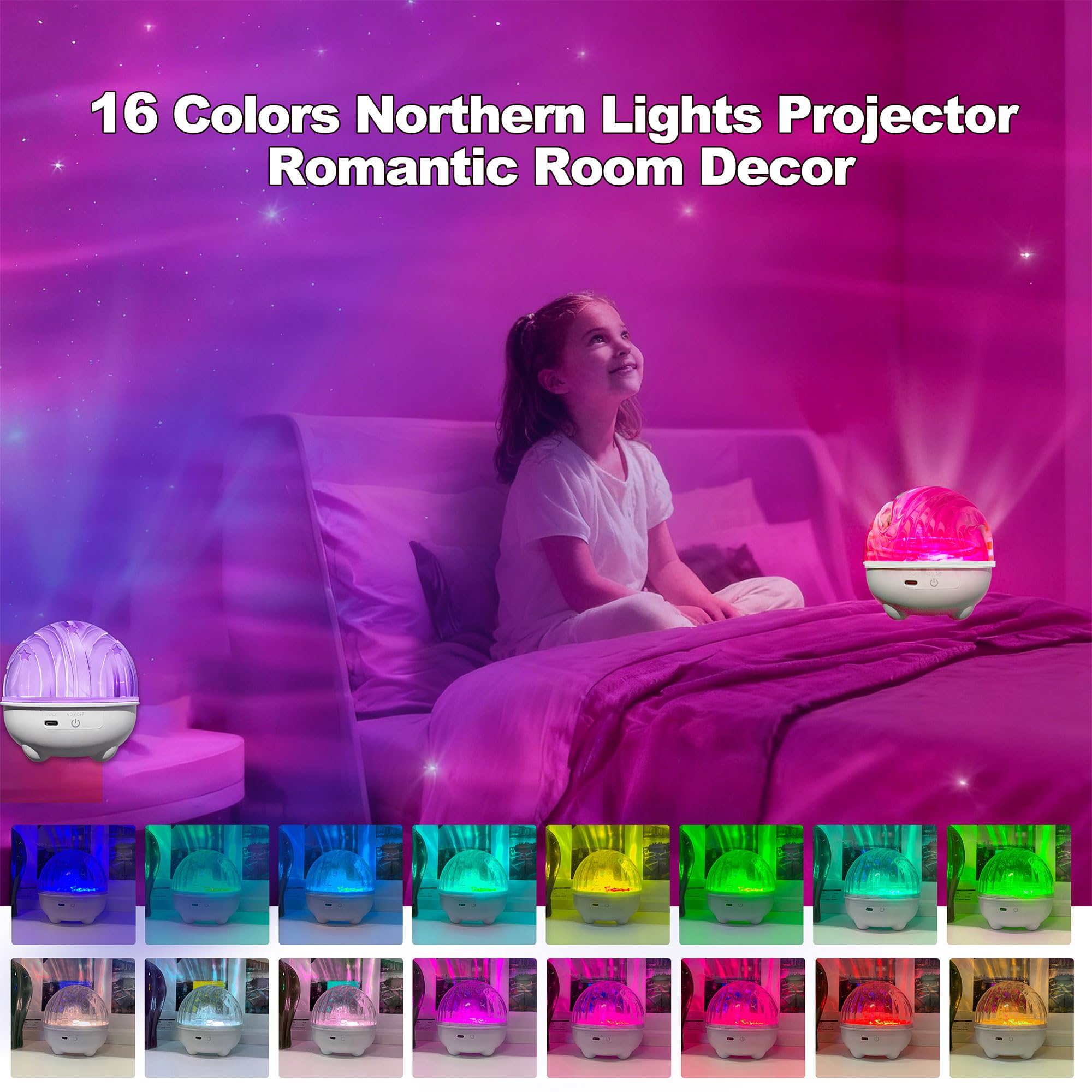 CYSMJDKJ Aurora Galaxy projector displays 16 colors for mood lighting.