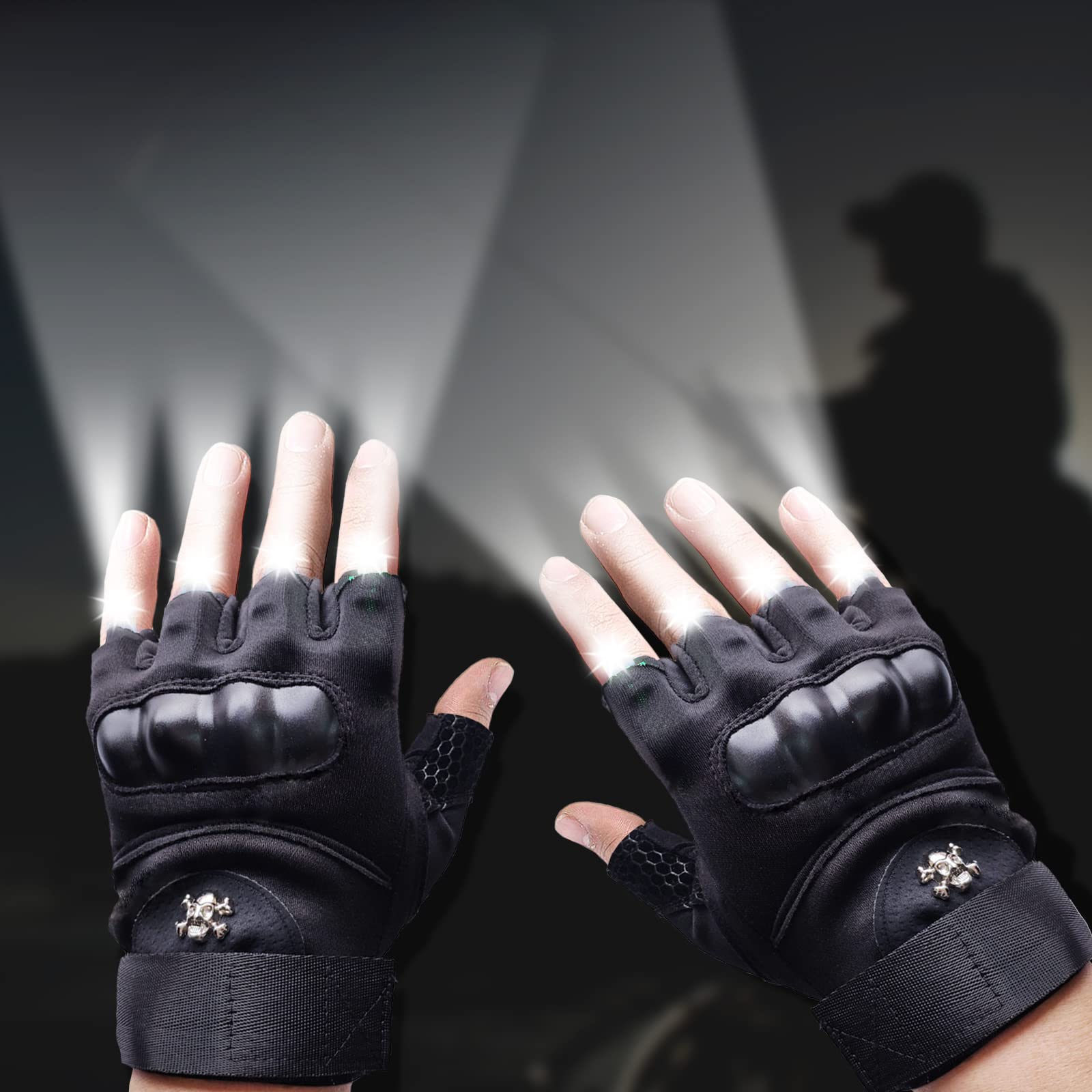 Cyuanxgr half-finger lighted gloves worn on hand for dexterous use.
