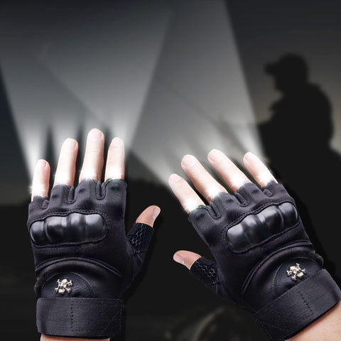 Cyuanxgr half-finger lighted gloves worn on hand for dexterous use.