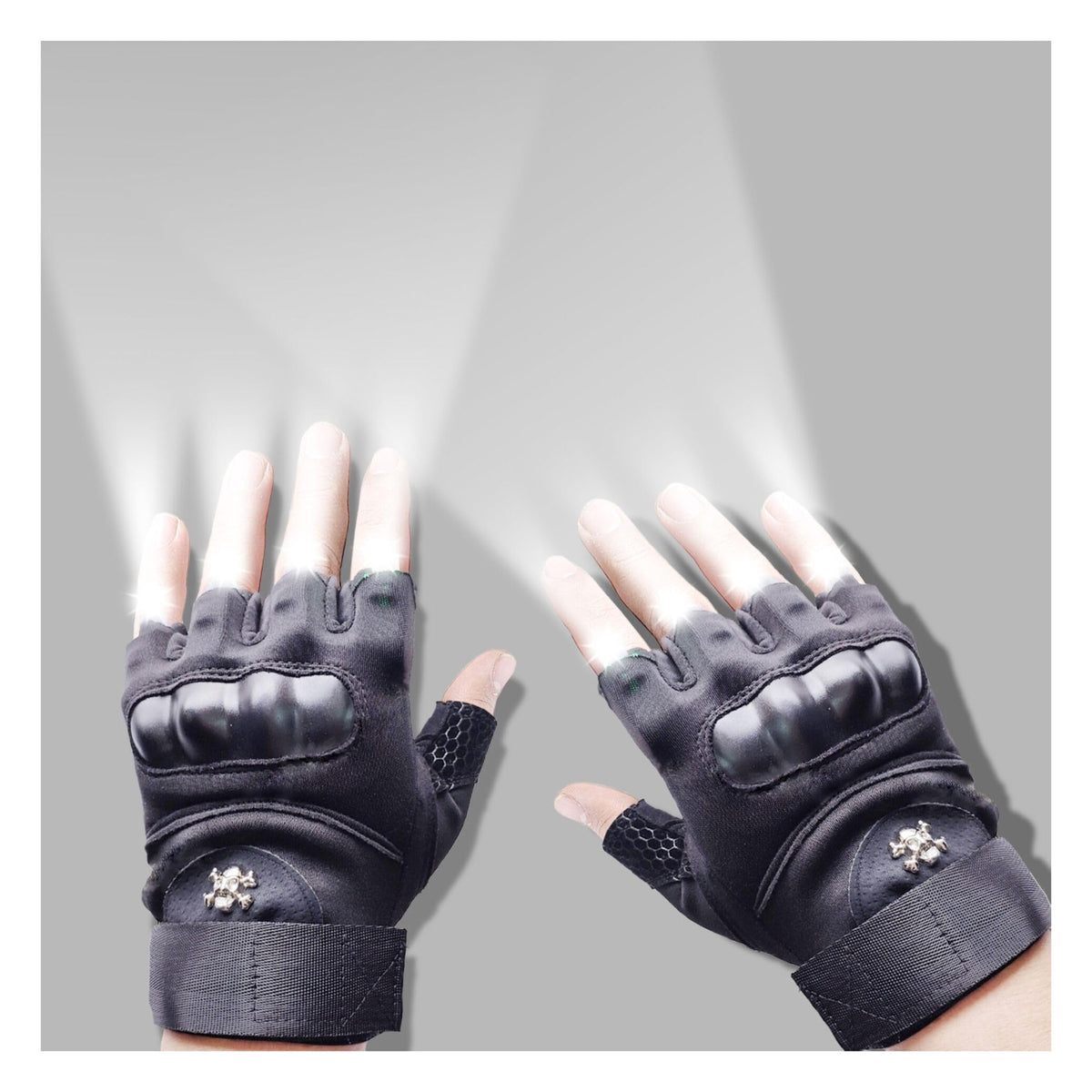 Cyuanxgr LED flashlight gloves close-up showing eight LEDs for hands-free brightness.