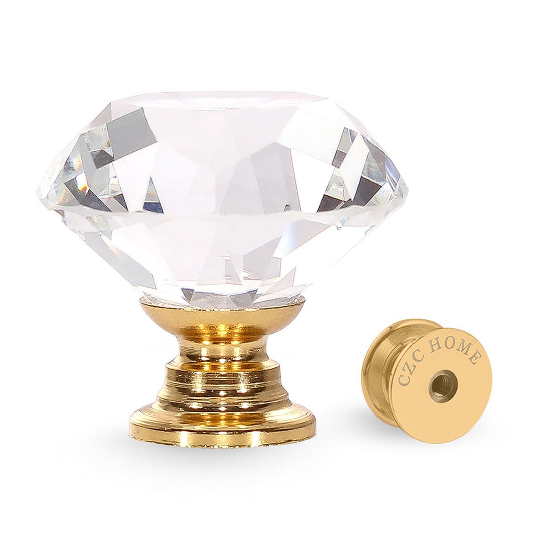 CZC HOME diamond crystal knob closeup with gold finish for cabinets.