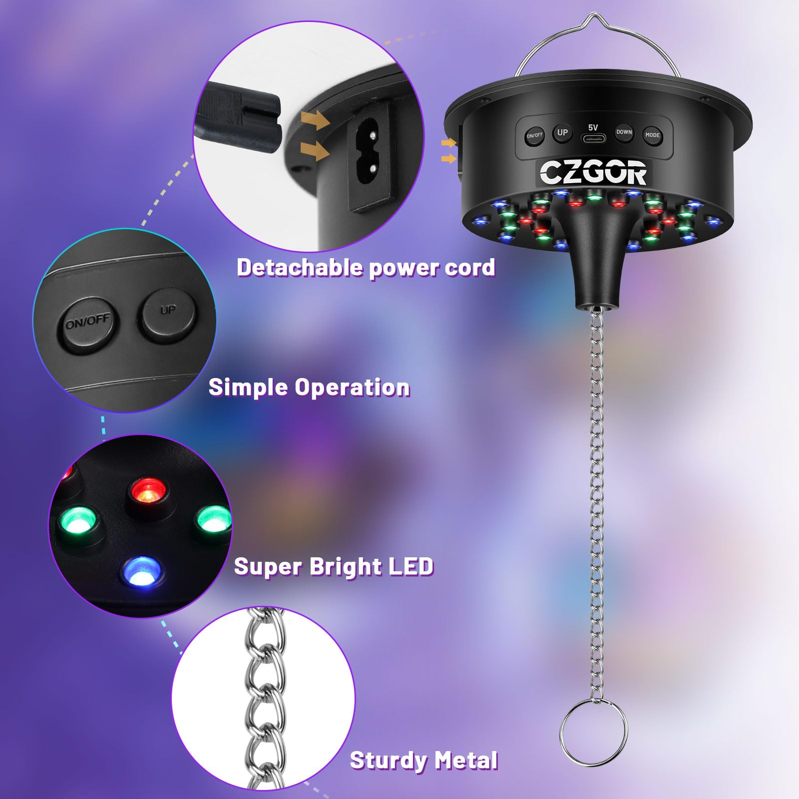 Czgor disco ball motor with detachable power cord for quick setup.