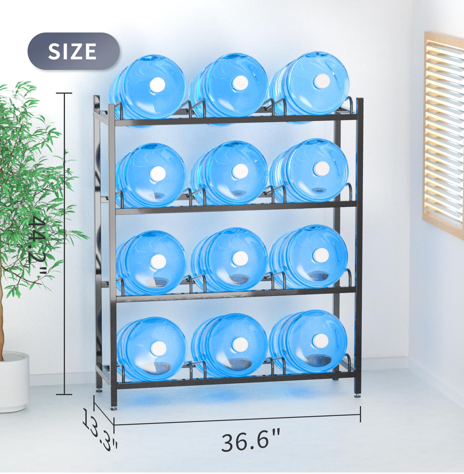 CZMY 12-tray water jug rack front view highlights organized, accessible bottles for offices or breakrooms.