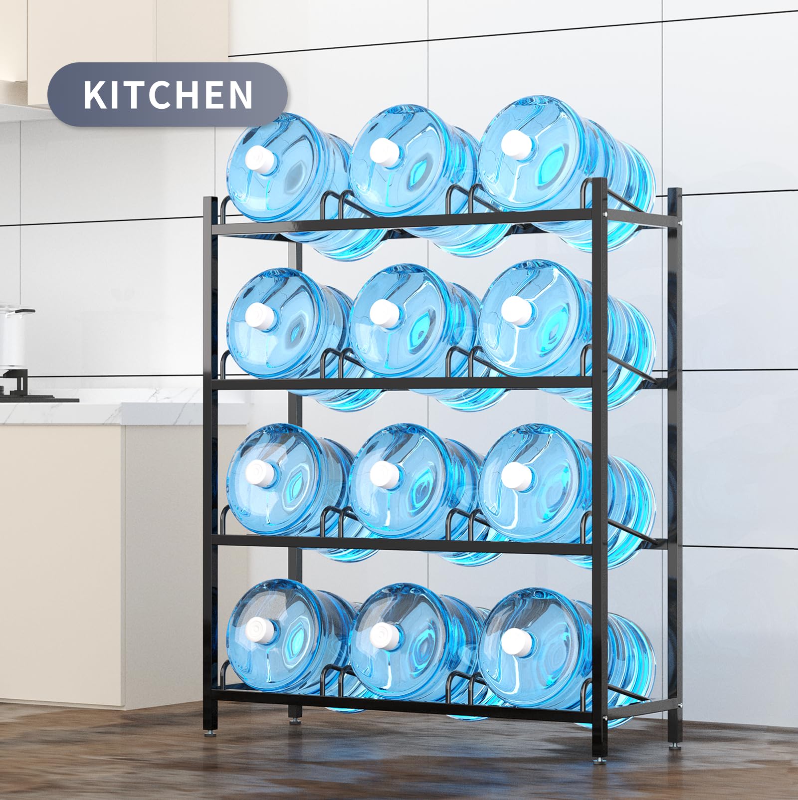 CZMY water bottle organizer stores 3-5 gallon jugs neatly for quick access and restocking.
